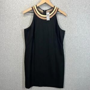 Ann Taylor Embellished Gold Neckline Shift Dress Halter Petite 12P Black  NWT